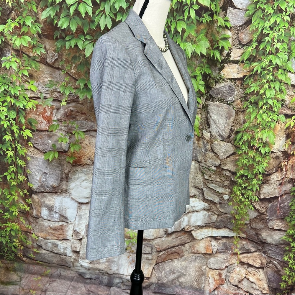 THEORY Minimalist Luxury Classic Gray Plaid Wool Blend Single Button Blazer, M - Picture 9 of 14